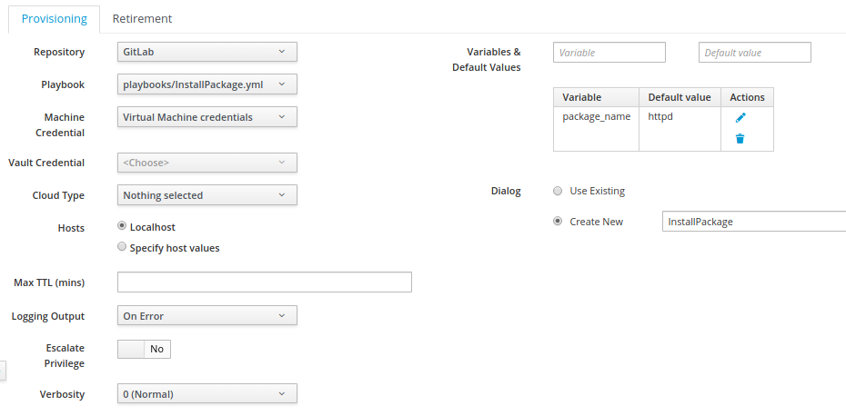 dialog with provisioning section